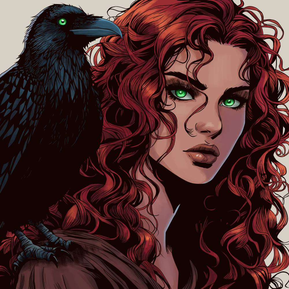 Blair with a raven on shoulder